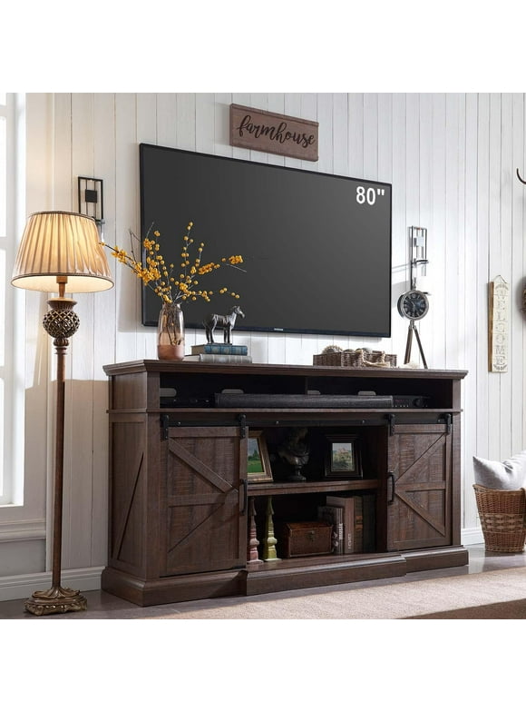 SinCiDo Farmhouse TV Stand for 80 Inch TVs, 39" Tall Entertainment Center w/Double Sliding Barn Door, Large Media Console Cabinet w/Soundbar & Adjustable Shelves for Living Room, 70inch, Brown