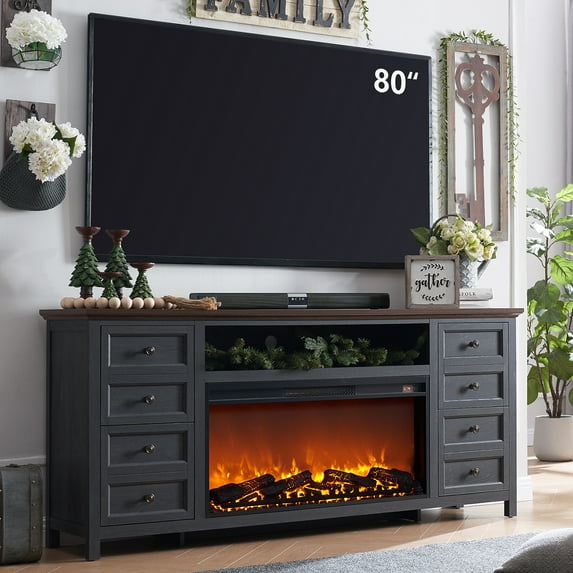 SinCiDo Fireplace TV Stand for TVs up to 80 Inches, Farmhouse Entertainment Center w/36 Electric Fireplace & 4 Faux Double Drawers, Large Media Console Cabinet for Living Room, 70 Inch, Dark Grey