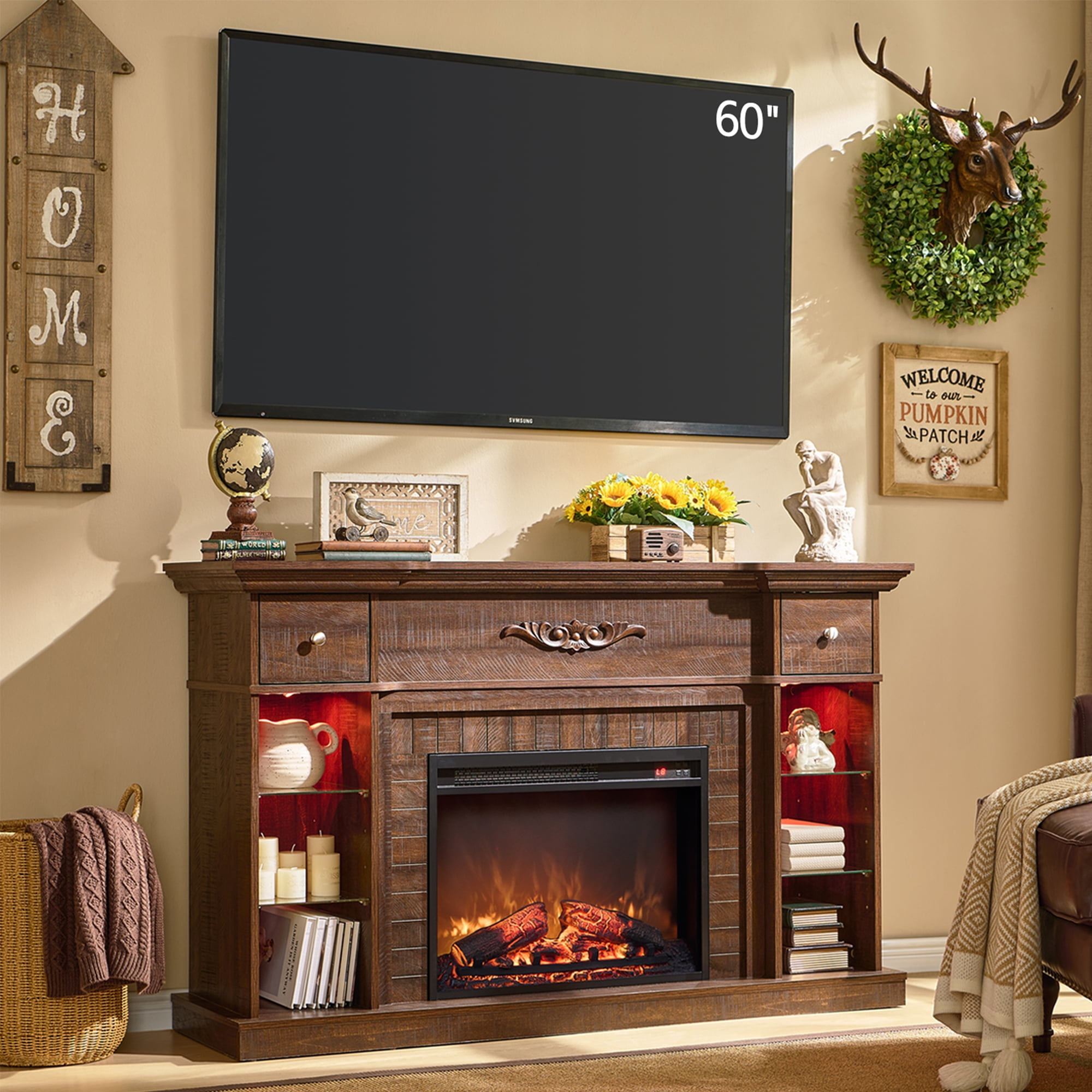 SinCiDo Fireplace TV Stand for 60 Inch, Farmhouse LED Entertainment ...