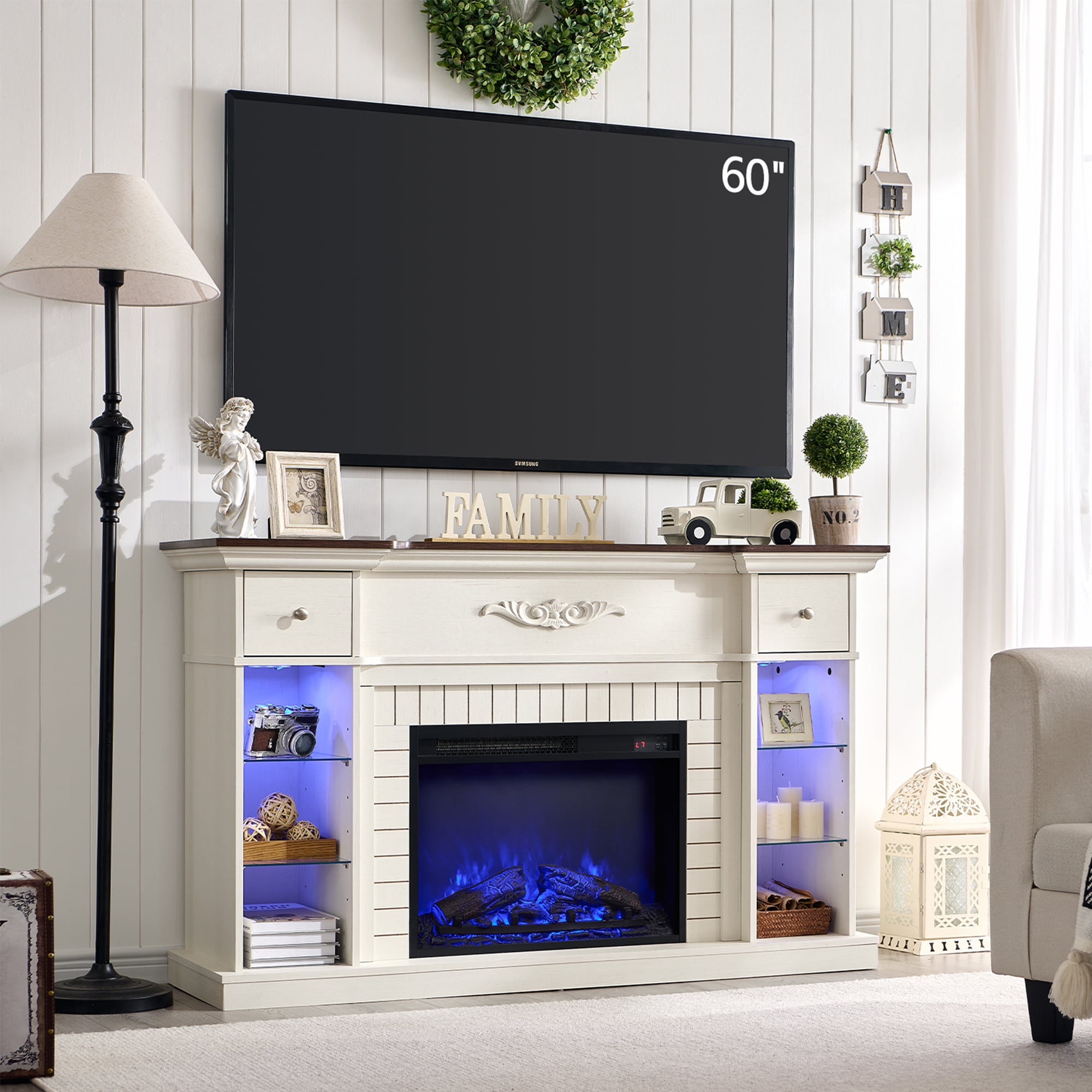 SinCiDo Fireplace TV Stand for 60 Inch, Farmhouse LED Entertainment ...