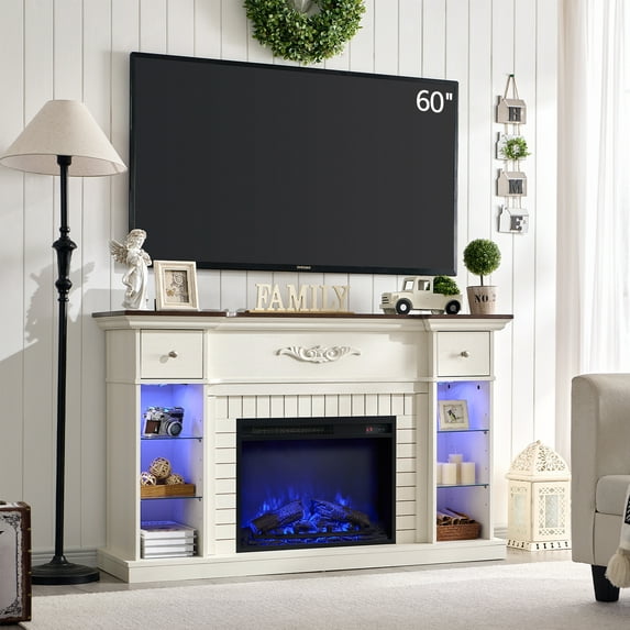 SinCiDo Fireplace TV Stand for 60 Inch, Farmhouse LED Entertainment Center w/7 Color for Living Room