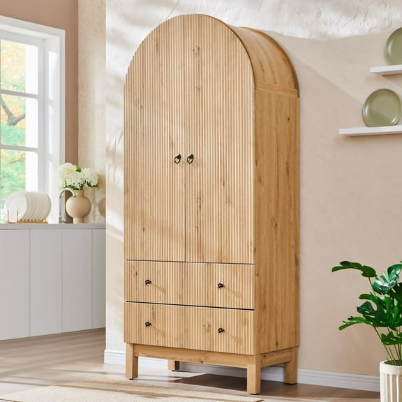 SinCiDo Fluted Arched Cabinet, 71" Tall Kitchen Storage Cabinets with Doors and Adjustable Shelves, 2 Large Drawers for Dining Room, Living Room