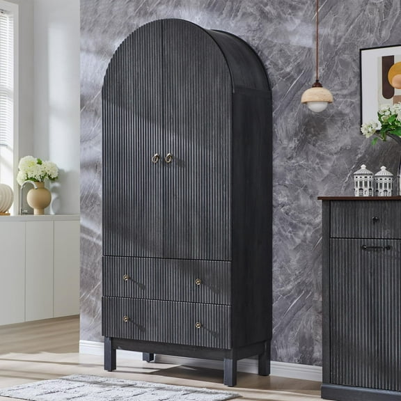 SinCiDo Fluted Arched Cabinet, 71" Tall Kitchen Storage Cabinets with Doors and Adjustable Shelves, 2 Large Drawers for Dining Room, Living Room