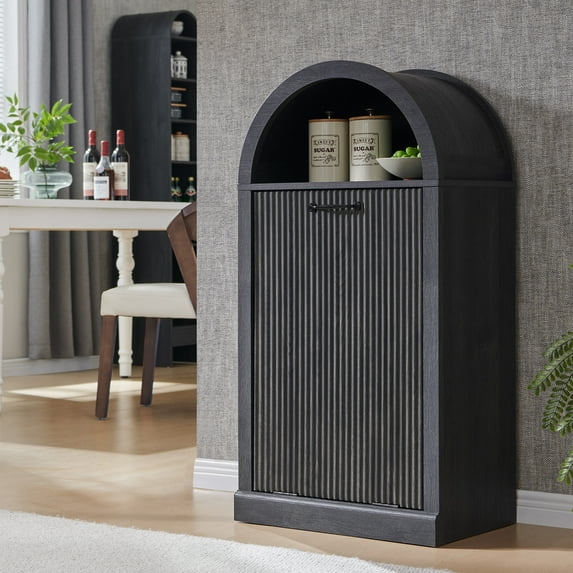 SinCiDo Fluted Arched Tilt-Out Trash Can Cabinet, 10 Gallon Hidden Garbage Can with Storage Basket for Kitchen, Living Room, Grey