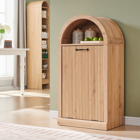 SinCiDo Fluted Arched Tilt-Out Trash Can Cabinet, 10 Gallon Hidden Garbage Can with Storage Basket for Kitchen, Living Room, Natural