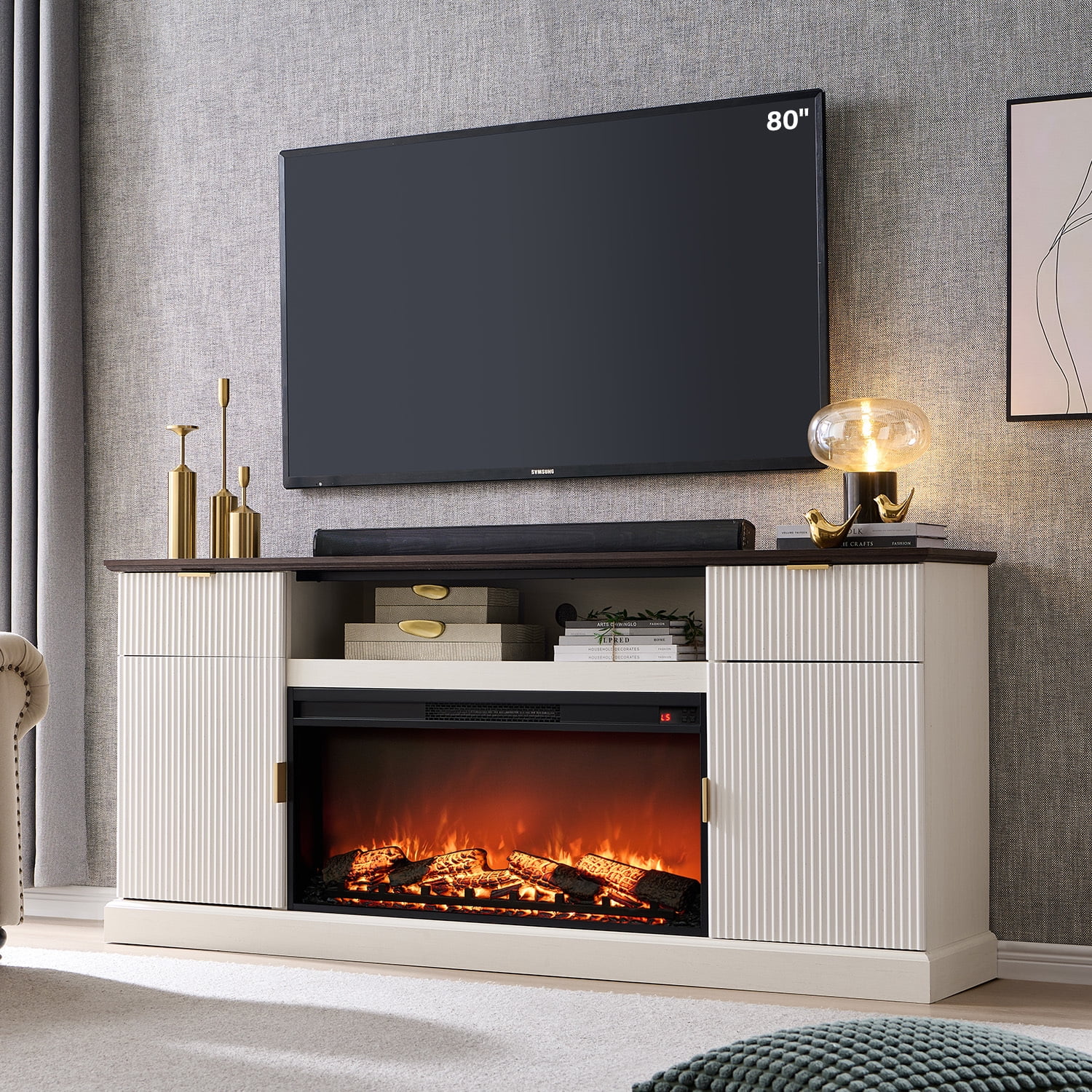 SinCiDo Fluted Fireplace TV Stand for 80 inch, Entertainment