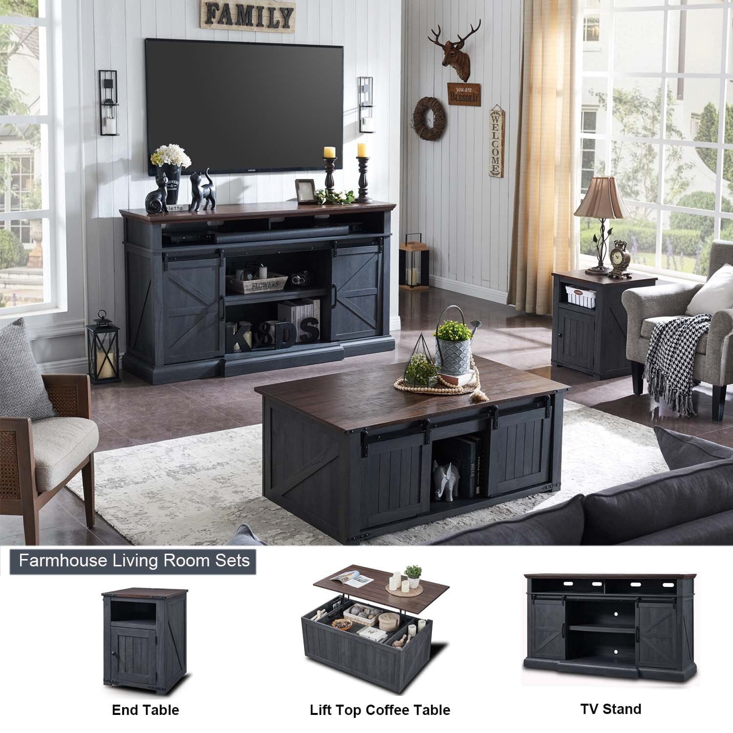 SinCiDo Living Room Furniture Sets of 3, 75 inch TV Stand, Lift Top Coffee Table, End Table with Charging Station, Farmhouse Decor