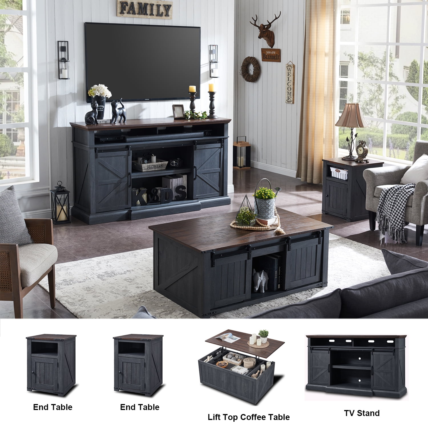 SinCiDo Farmhouse Decor Living Room Set 75 inch TV Stand Coffee Table End Table with Charger Walmart