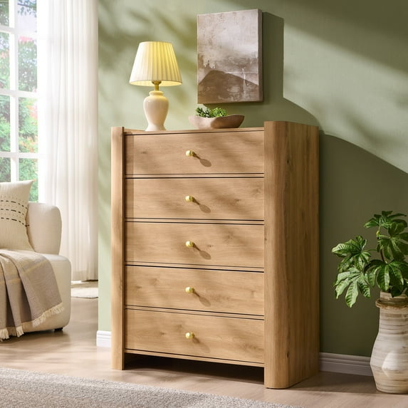 SinCiDo Modern 5 Drawer Dresser for Bedroom, 39.6" Tall Wooden Chest of Drawers with Curved Profile Design for Bedroom, Living Room, Natural
