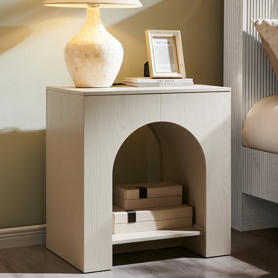 SinCiDo Modern Arched Nightstand with Charging Station, Bedside Table with Open Shelf Storage for Bedroom, Living Room