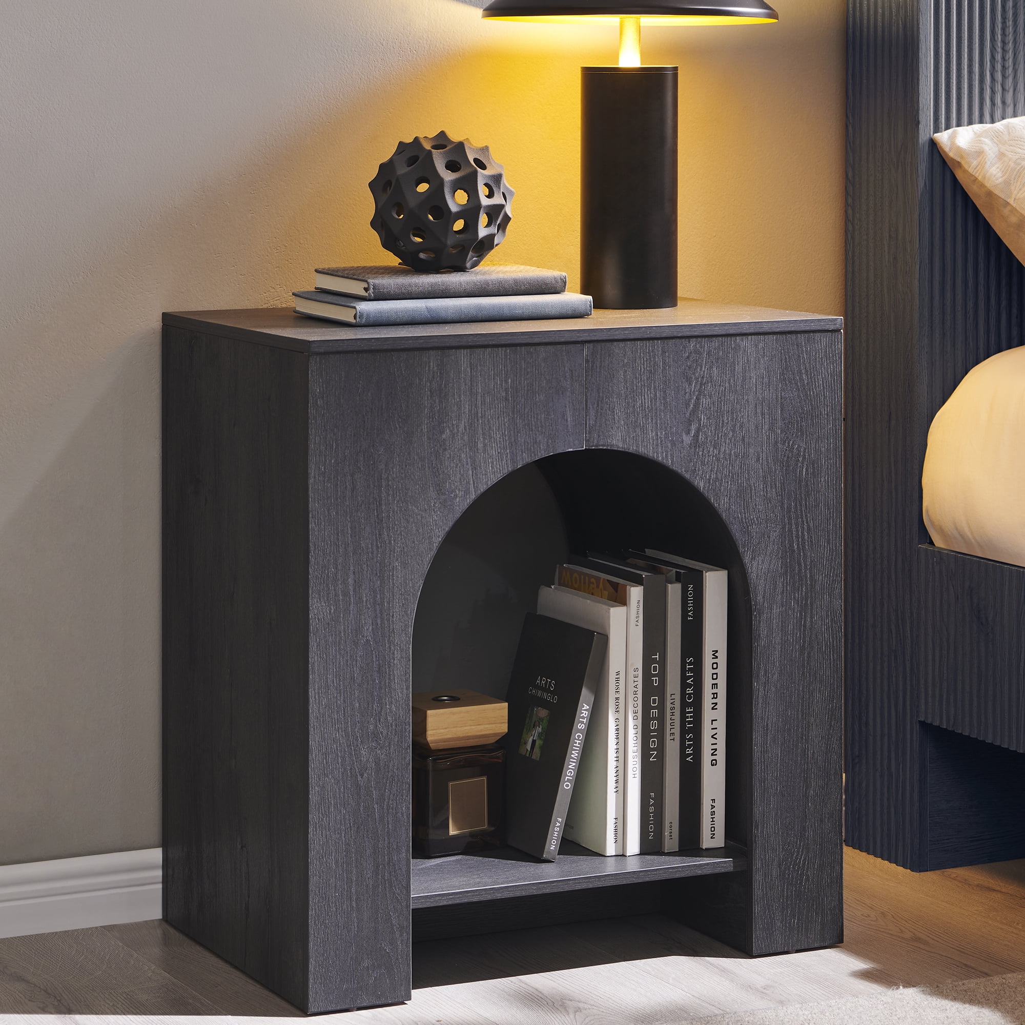 SinCiDo Modern Arched Nightstand with Charging Station, Bedside Table with Open Shelf Storage for Bedroom, Living Room