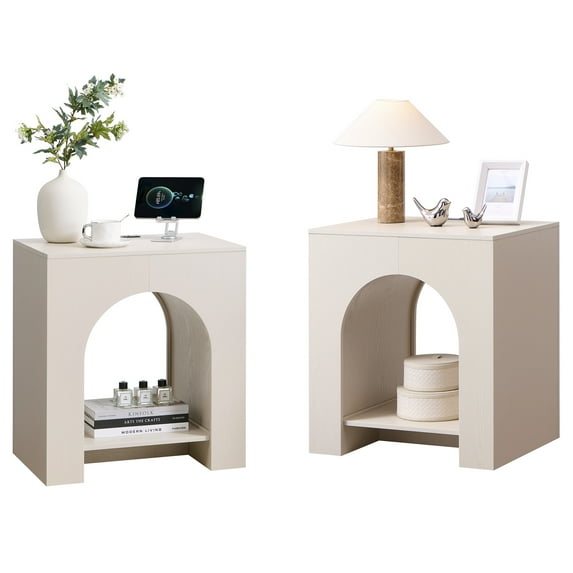 SinCiDo Modern Arched Nightstands Set of 2 with Charging Station, Bedside Table with Open Shelf Storage for Bedroom, Living Room