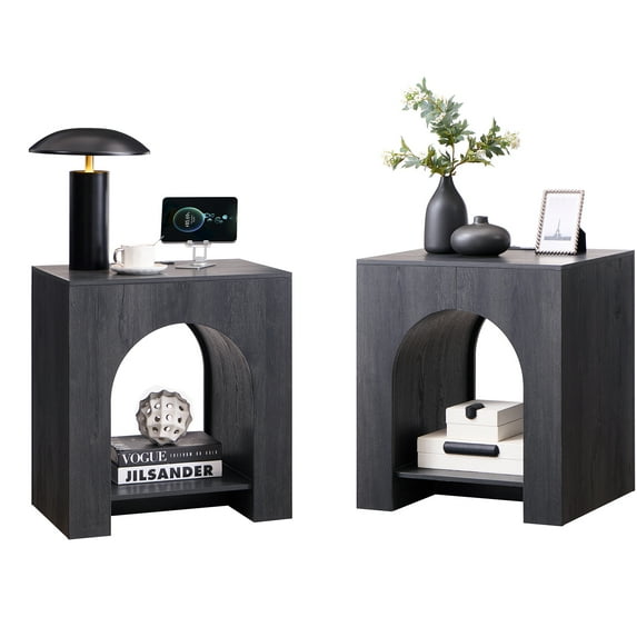 SinCiDo Modern Arched Nightstands Set of 2 with Charging Station, Bedside Table with Open Shelf Storage for Bedroom, Living Room