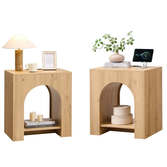 SinCiDo Modern Arched Nightstands Set of 2 with Charging Station, Bedside Table with Open Shelf Storage for Bedroom, Living Room
