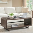 thumbnail image 1 of SinCiDo Modern Coffee Table with Storage Shelf, 2-Tier Wooden Rectangular Minimalist Center Table, Curved Profile Design for Living Room, Office, Brown, 1 of 7