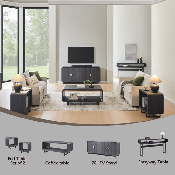 SinCiDo Modern Living Room Furniture Sets of 5, 70 inch TV Stand, Coffee Table, Entryway Table, End Table Set of 2 with Charging Station, Grey