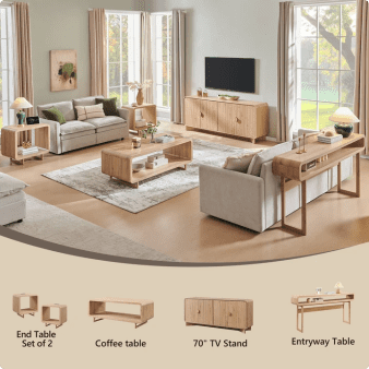 SinCiDo Modern Living Room Furniture Sets of 5, 70 inch TV Stand, Coffee Table, Entryway Table, End Table Set of 2 with Charging Station, Natural