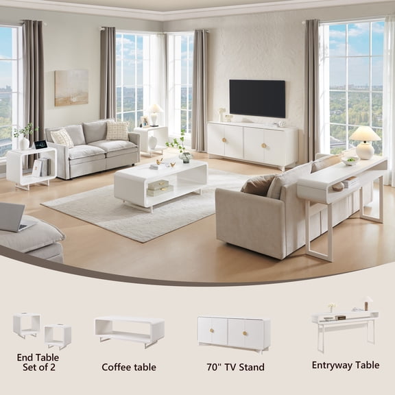 SinCiDo Modern Living Room Furniture Sets of 5, 70 inch TV Stand, Coffee Table, Entryway Table, End Table Set of 2 with Charging Station, White