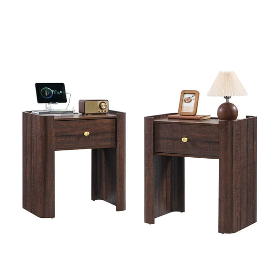 SinCiDo Modern Nightstand Set of 2 with Storage Drawer, 23.6" Tall Curved Bedside Table with Charging Station for Bedroom, Living Room