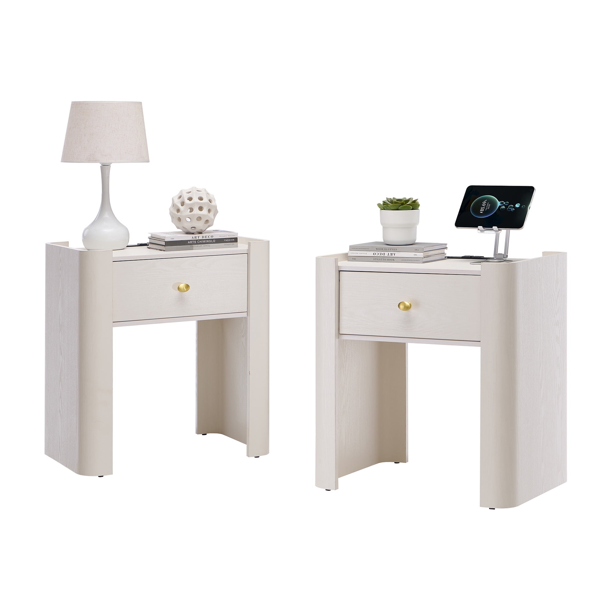 SinCiDo Modern Nightstand Set of 2 with Storage Drawer, 23.6" Tall Curved Bedside Table with Charging Station for Bedroom, Living Room