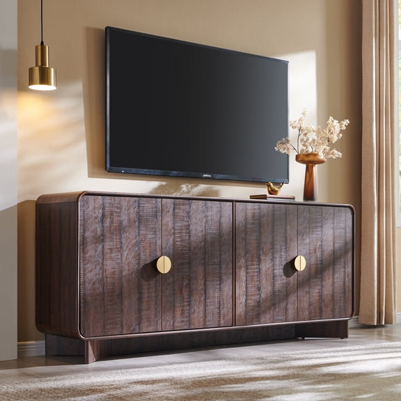 SinCiDo Modern TV Stand for TVs Up to 80 inches, Entertainment Center with Adjustable Shelves, Curved Profile Design, Media Console for Living Room, Brown
