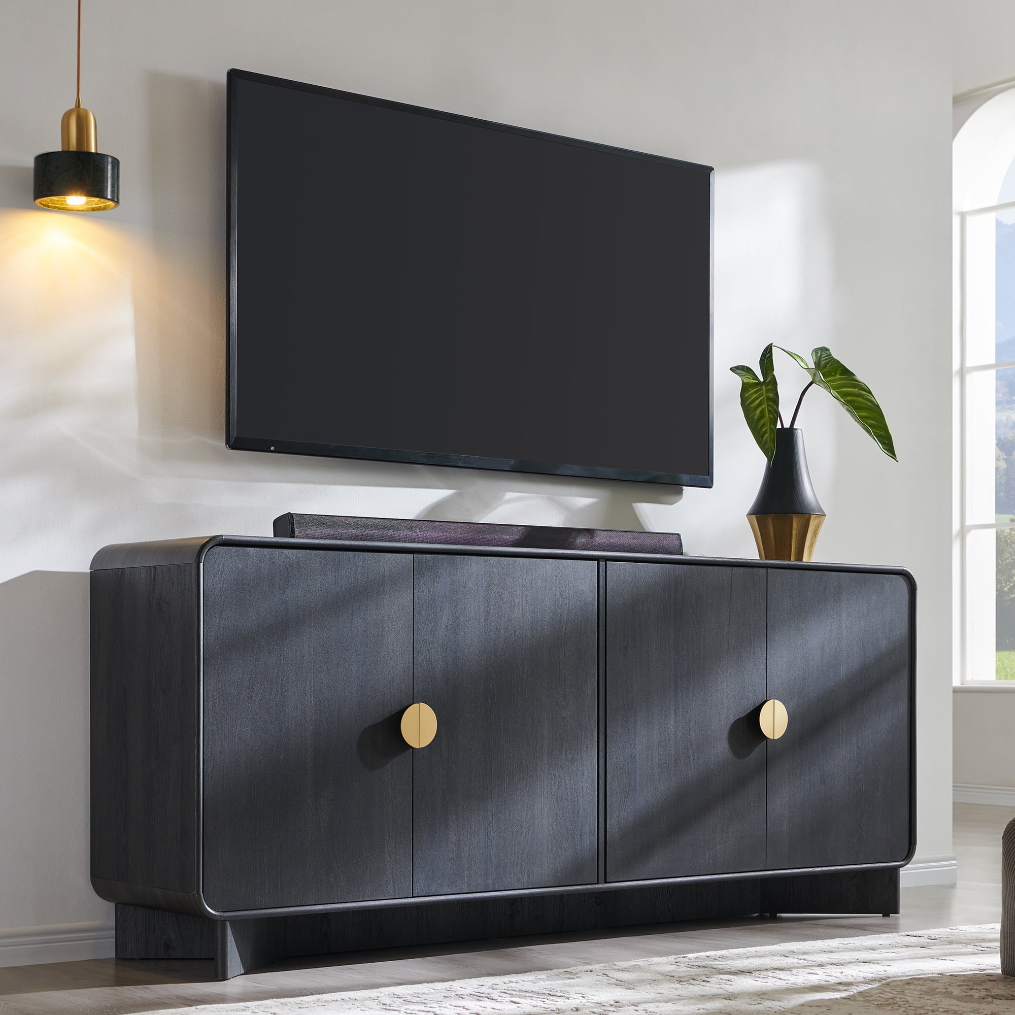 SinCiDo Modern TV Stand for TVs Up to 80 inches, Entertainment Center with Adjustable Shelves, Curved Profile Design, Media Console for Living Room, Grey