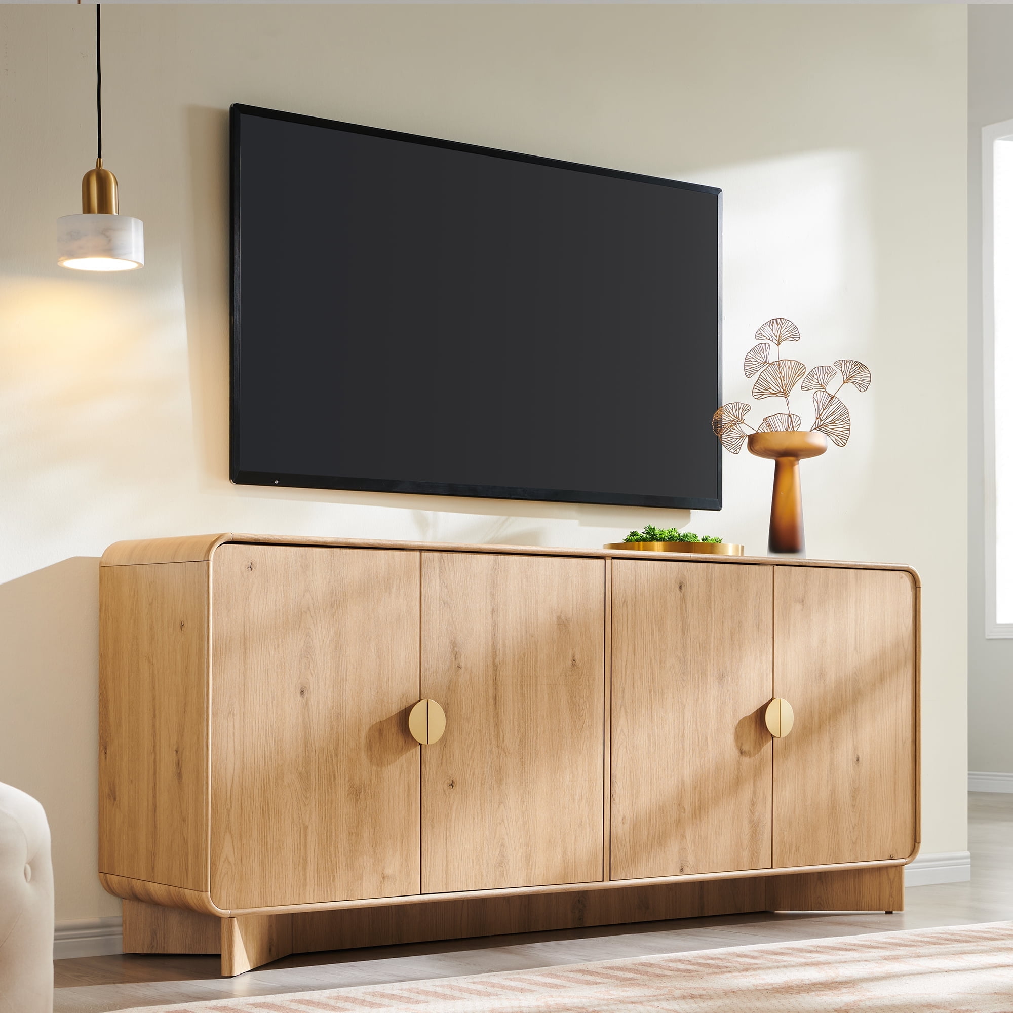 SinCiDo Modern TV Stand for TVs Up to 80 inches, Entertainment Center with Adjustable Shelves, Curved Profile Design, Media Console for Living Room, Natural