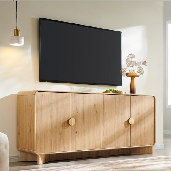 SinCiDo Modern TV Stand for TVs Up to 80 inches, Entertainment Center with Adjustable Shelves, Curved Profile Design, Media Console for Living Room, Natural