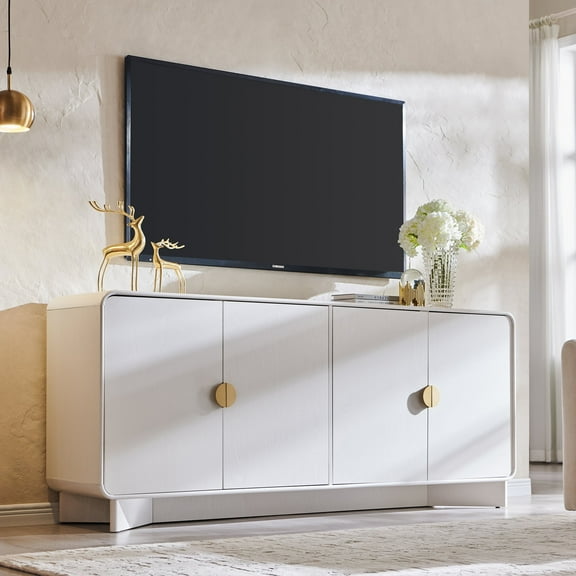 SinCiDo Modern TV Stand for TVs Up to 80 inches, Entertainment Center with Adjustable Shelves, Curved Profile Design, Media Console for Living Room, White