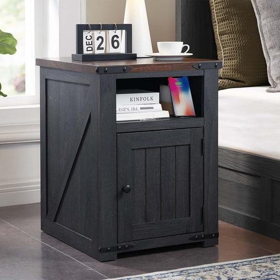 SinCiDo Nightstand with Charging Station, 20" Farmhouse End Table w/Groove Barn Door, Bedside Table