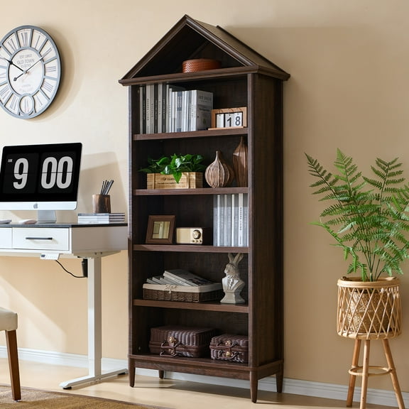 SinCiDo Tall Angled Arch Bookshelf, 5 Tiers Open Shelves Bookcase and Triangular Top for Living Room, Office