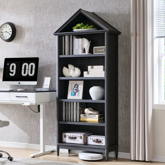SinCiDo Tall Angled Arch Bookshelf, 5 Tiers Open Shelves Bookcase and Triangular Top for Living Room, Office
