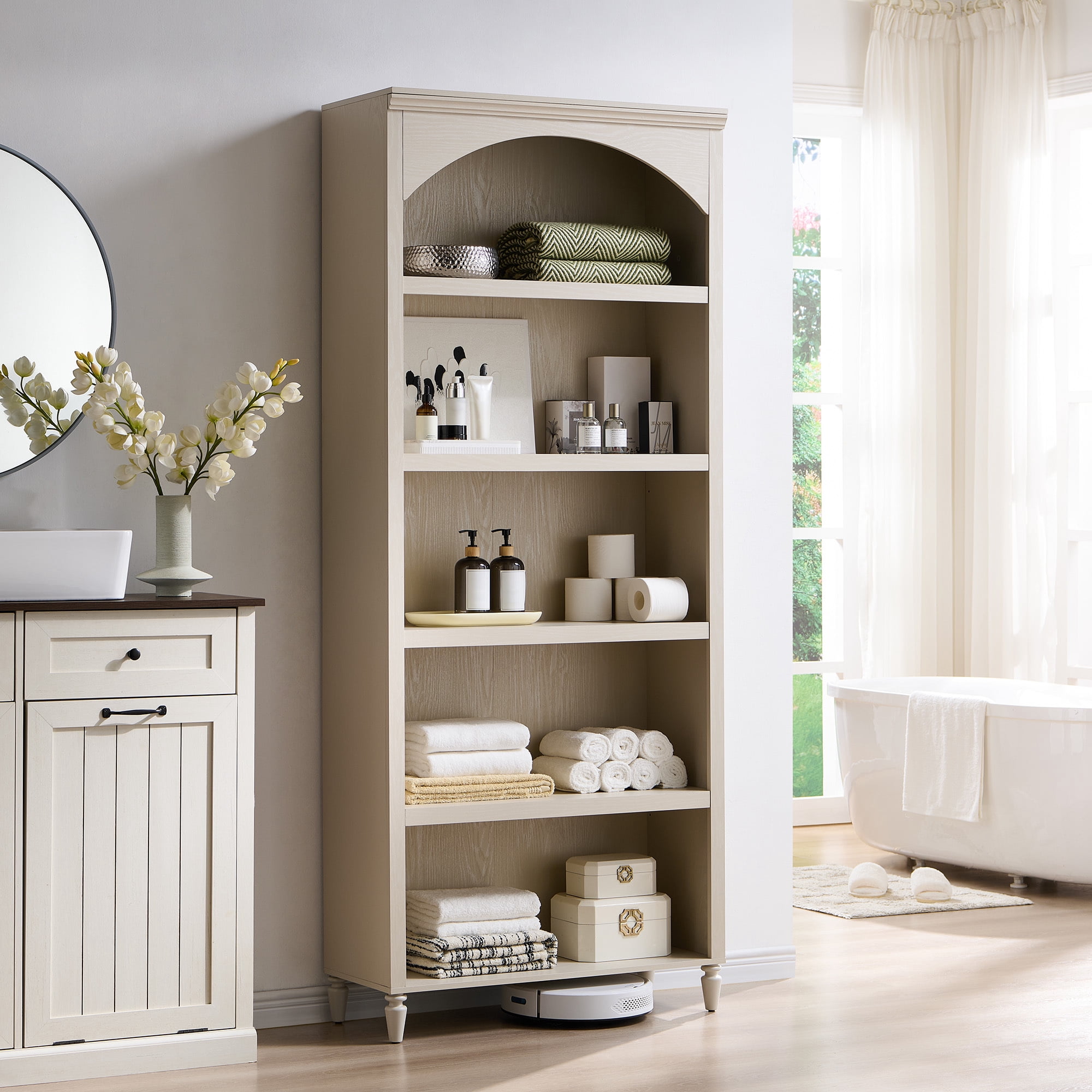 SinCiDo Tall Arched Bathroom Storage Cabinet with Adjustable Shelves, 5-Tier Bathroom Cabinet for Bathroom, Kitchen, Living Room, Cream
