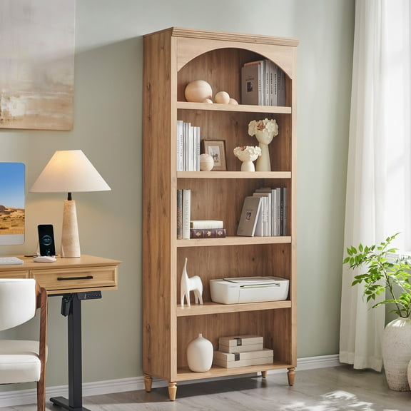 SinCiDo Tall Arched Bookcase, 5-Tier Large Bookshelf with Open Display Shelves for Living Room, Natural