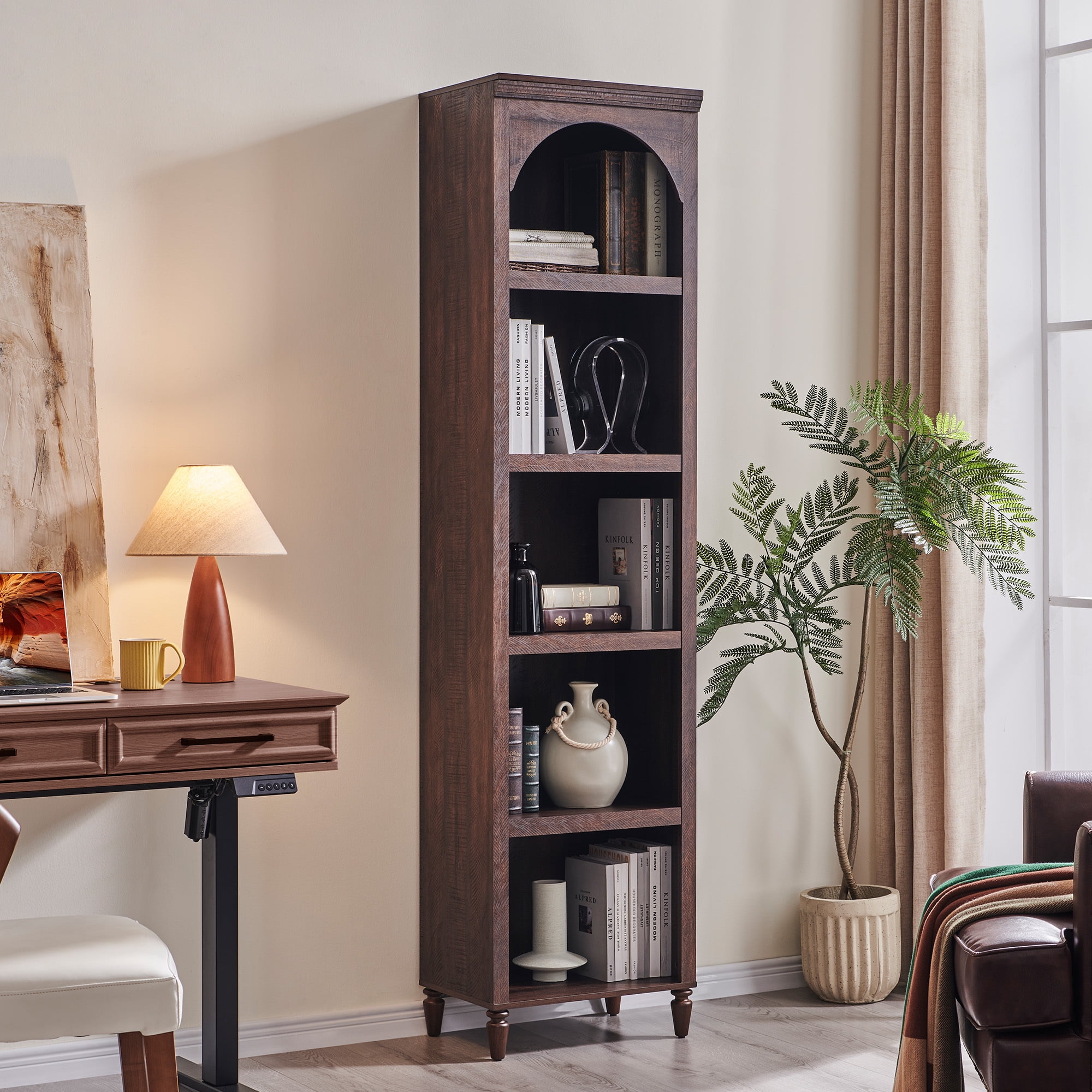 SinCiDo Tall Arched Bookcase, 5-Tier Narrow Bookshelf with Open Display Shelves for Living Room, Brown