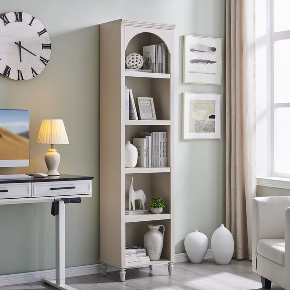 SinCiDo Tall Arched Bookcase, 5-Tier Narrow Bookshelf with Open Display Shelves for Living Room, Cream