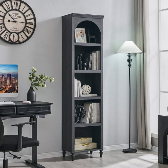 SinCiDo Tall Arched Bookcase, 5-Tier Narrow Bookshelf with Open Display Shelves for Living Room, Grey