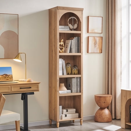 SinCiDo Tall Arched Bookcase, 5-Tier Narrow Bookshelf with Open Display Shelves for Living Room, Natural