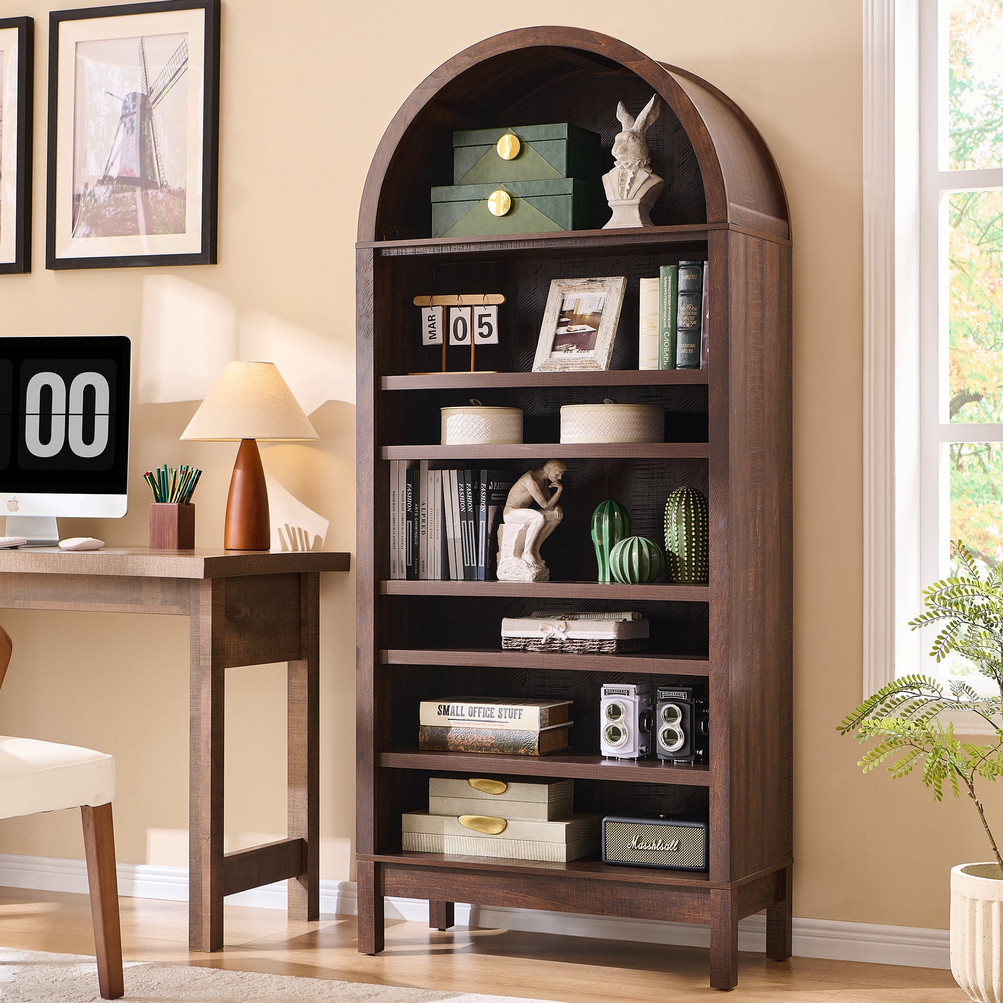 SinCiDo Tall Arched Bookshelf, 7-Tier Open Shelf Bookcase, Medium Density Fiberboard