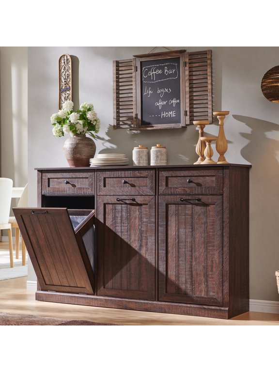 Triple Tilt Out Trash Can Cabinet, 20 Gallon Farmhouse Hidden Trash Cabinet w/3 Drawers, Kitchen Garbage Cabinets with Storage Basket