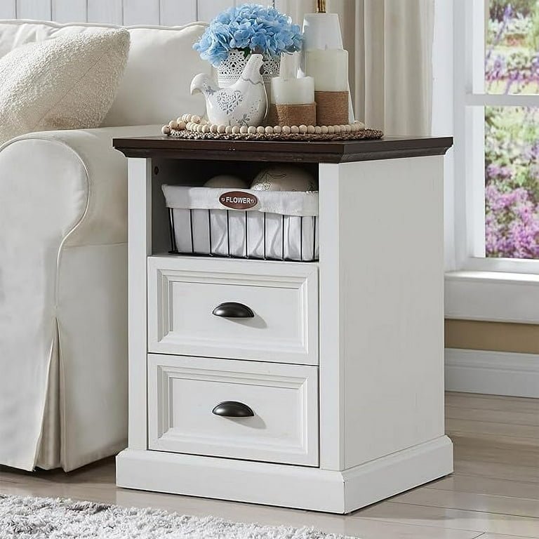 Sincido White Nightstand with Charging Station 2 Drawer Dresser for Bedroom Small Wood Rustic Dresser with Drawers End Table w Open Shlef Side Table