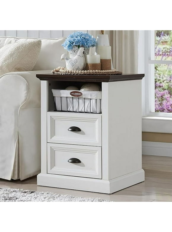 SinCiDo White Nightstand with Charging Station, 2 Drawer Dresser for Bedroom,Small Wood Rustic Dresser with Drawers,End Table w/Open Shlef, Side Table for Bedroom,Living Room, White