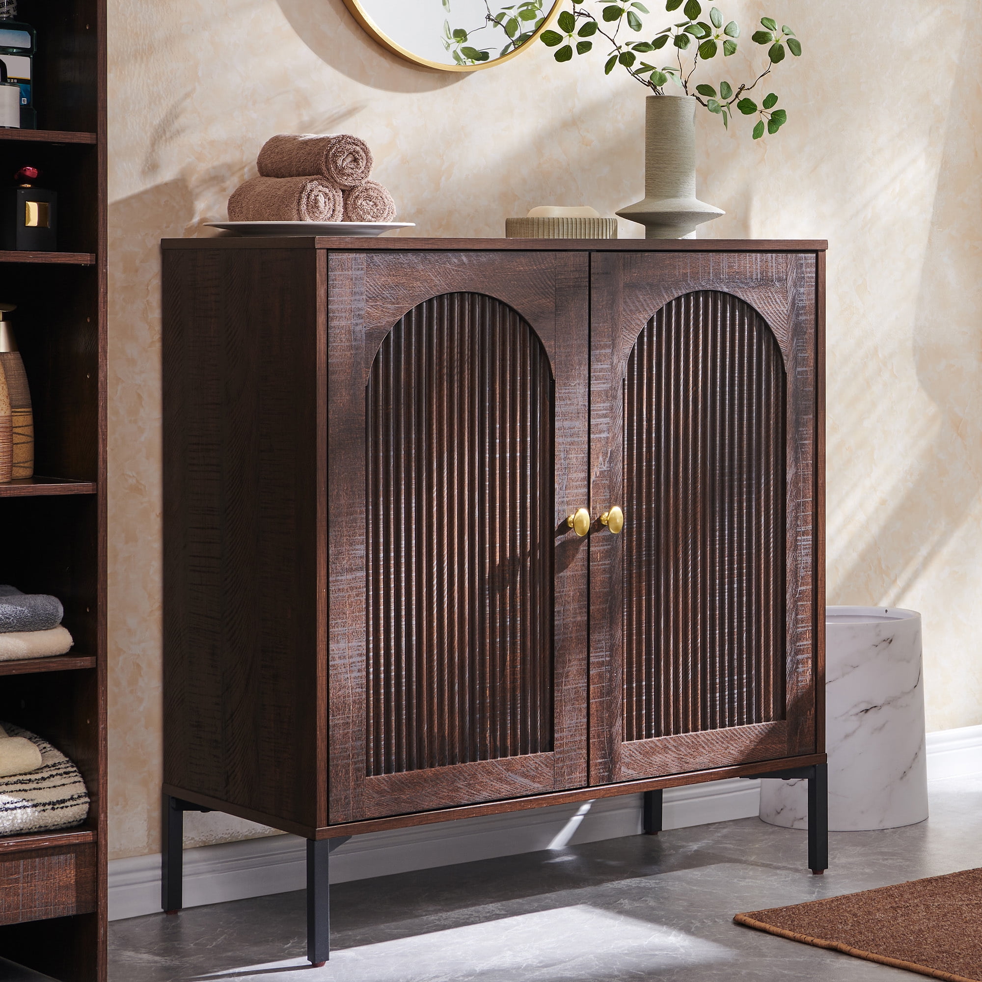 SinCiDo Wooden Bathroom Floor Cabinet with Adjustable Shelf, Modern Fluted Arched Freestanding Bathroom Storage Cabinet for Bathroom