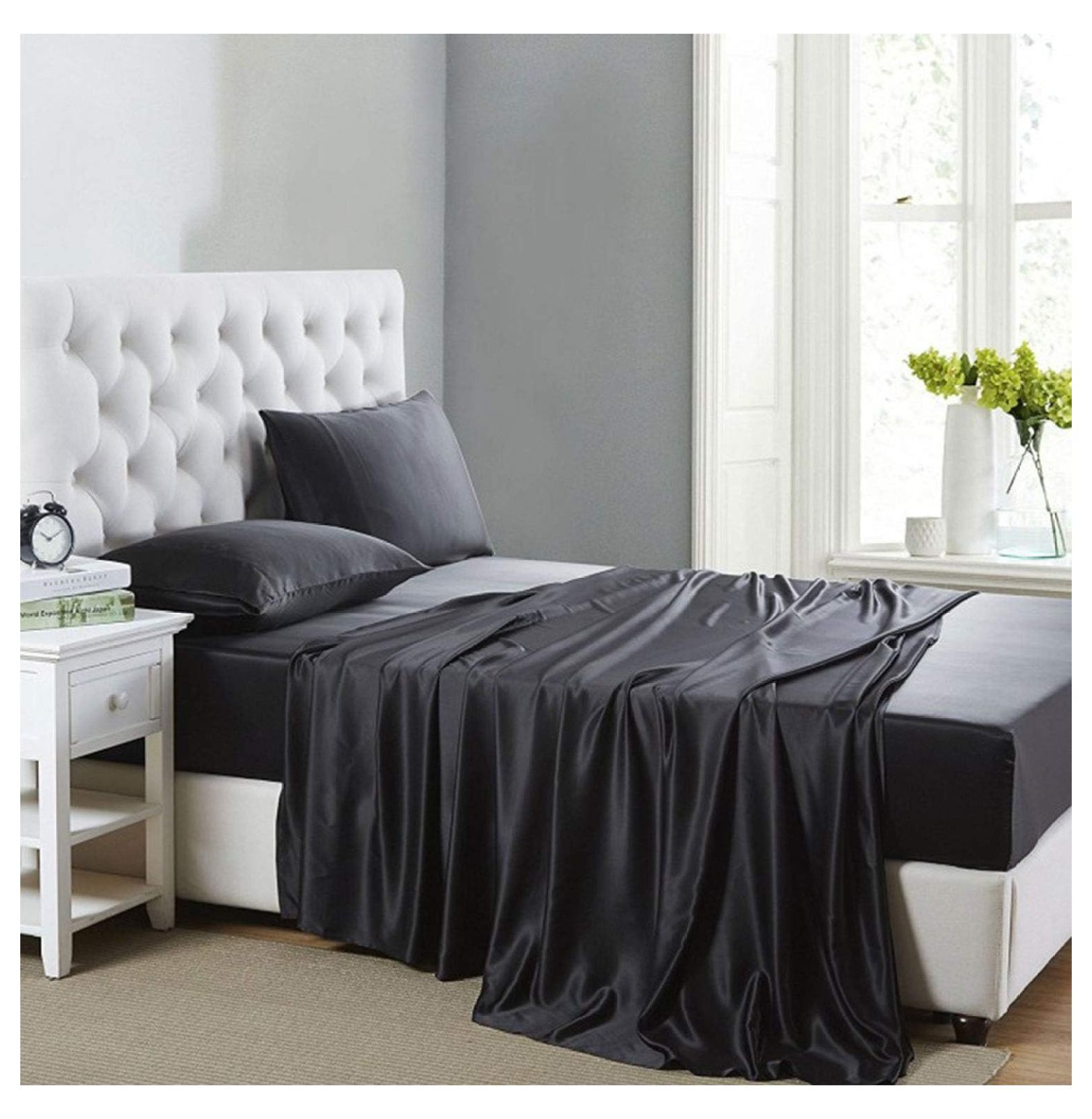 SinYYH Silk Sheets, 4Piece Queen Size Bed Sheet Set with Deep Pockets