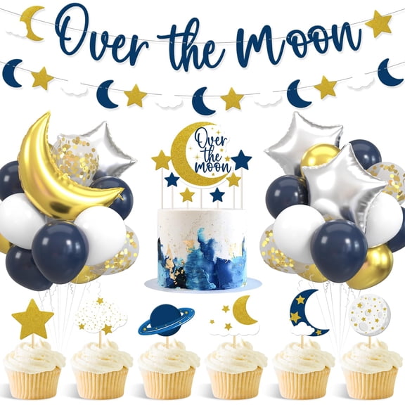 Sinasasspel Over the Moon Baby Shower Decorations Space Party Banner Moon Star Cake Cupcake Toppers Navy Blue Gold Balloons for Twinkle Twinkle Little Star Outer Space First Birthday Supplies Y101