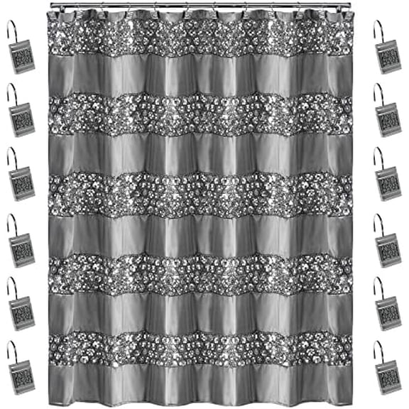 Sinatra 13pc Bathroom Shower Curtain Set - Classic Luxury Fabric Curtains with Unique Design & 12 Hooks