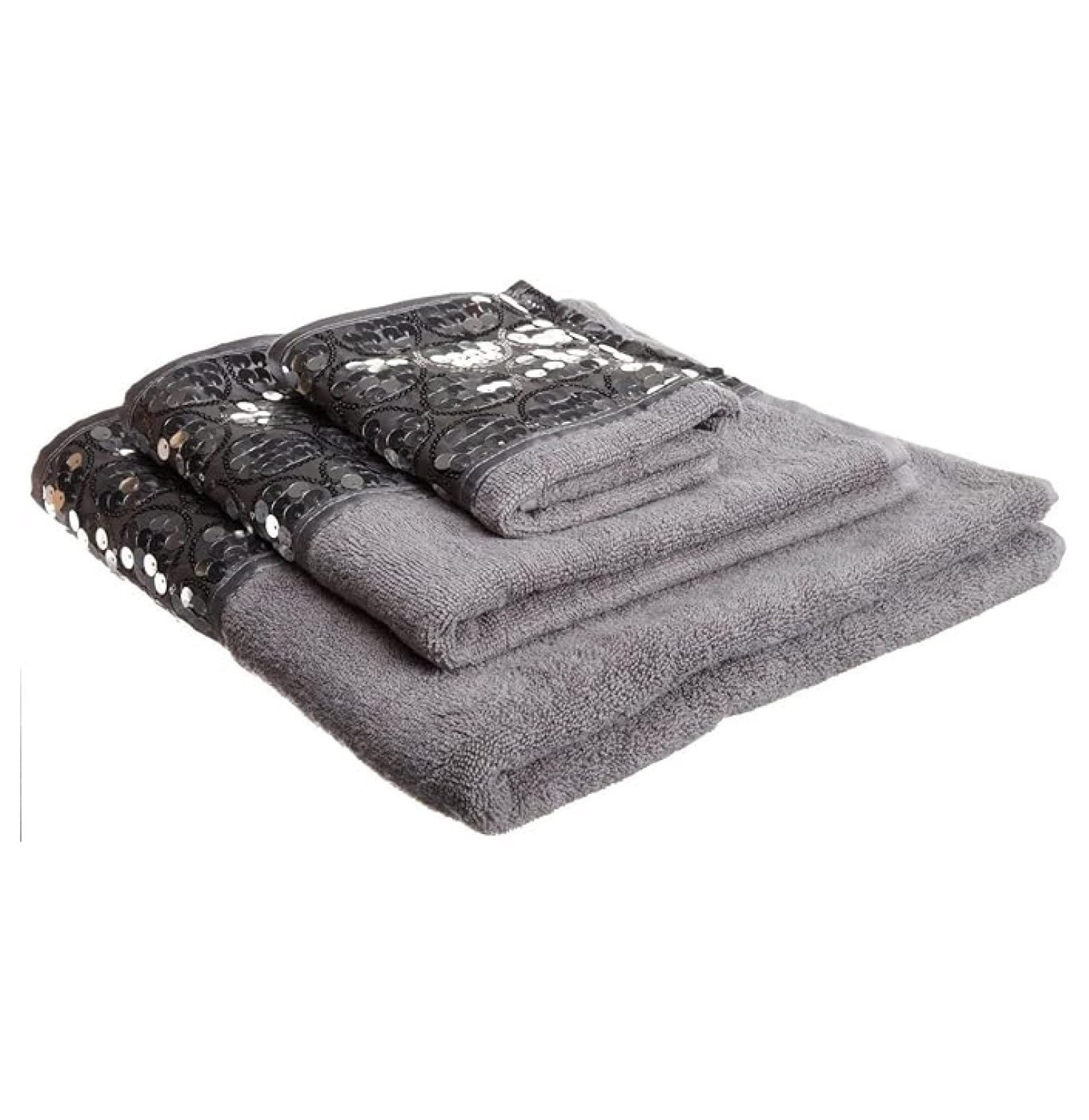 Sinatra Modern Bathroom Towel Set 3 Piece Bath, Hand and Wash Towel Luxury Contemporary Decor Bling , Soft, Plush and Highly Absorbent, Silver