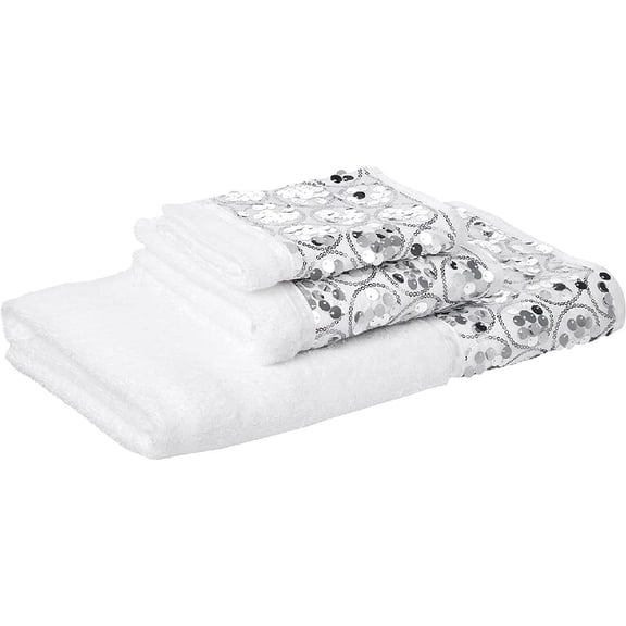 Popular Bath Sinatra 3 Piece Bling Modern Towel Set, White with Silver Sequins