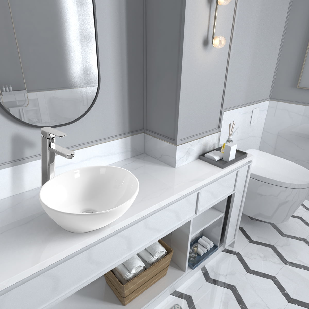 Sinber 16" x 13" Matte White Stone Oval Vessel Sink