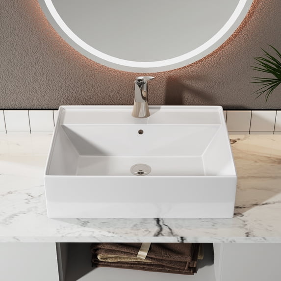 Sinber 24" x 17" x 6.3" White Rectangular Ceramic Countertop Bathroom Vanity Vessel Sink BVS2417A-OK